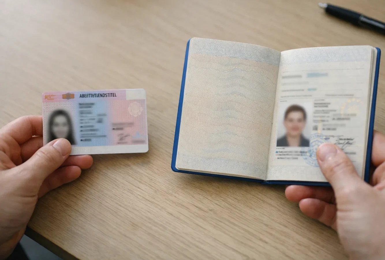 Карточка вида на жительство и раскрытый украинский паспорт на столе, рядом руки человека без лица.
